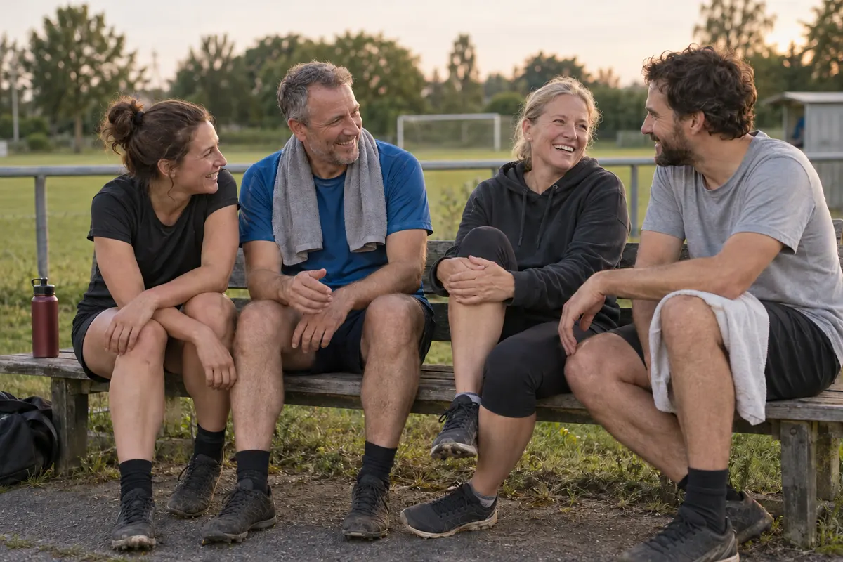 Symbolbild: Vereinsmitglieder sitzen nach dem Training auf einer Bank am Sportplatz und lachen miteinander.