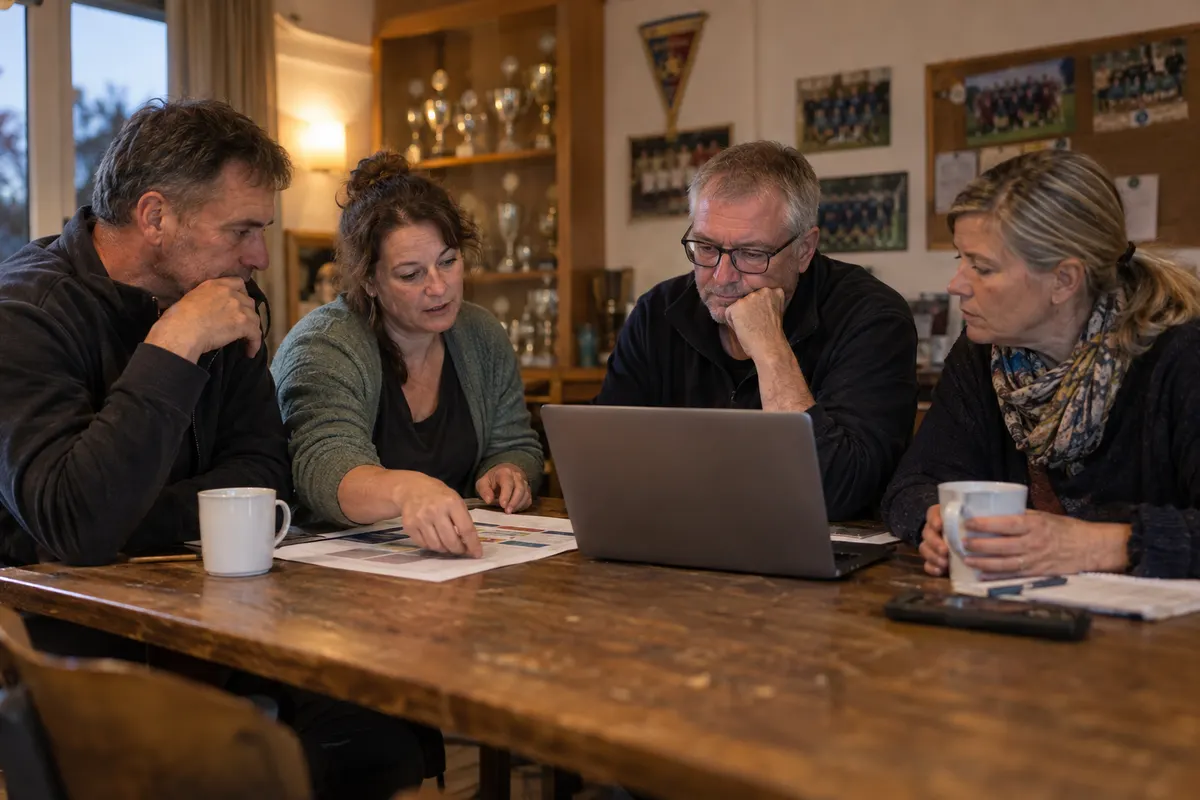 Symbolbild: Vier ehrenamtliche Vorstandsmitglieder besprechen abends im Vereinsheim Unterlagen an einem Laptop, im Hintergrund ein Pokalregal.